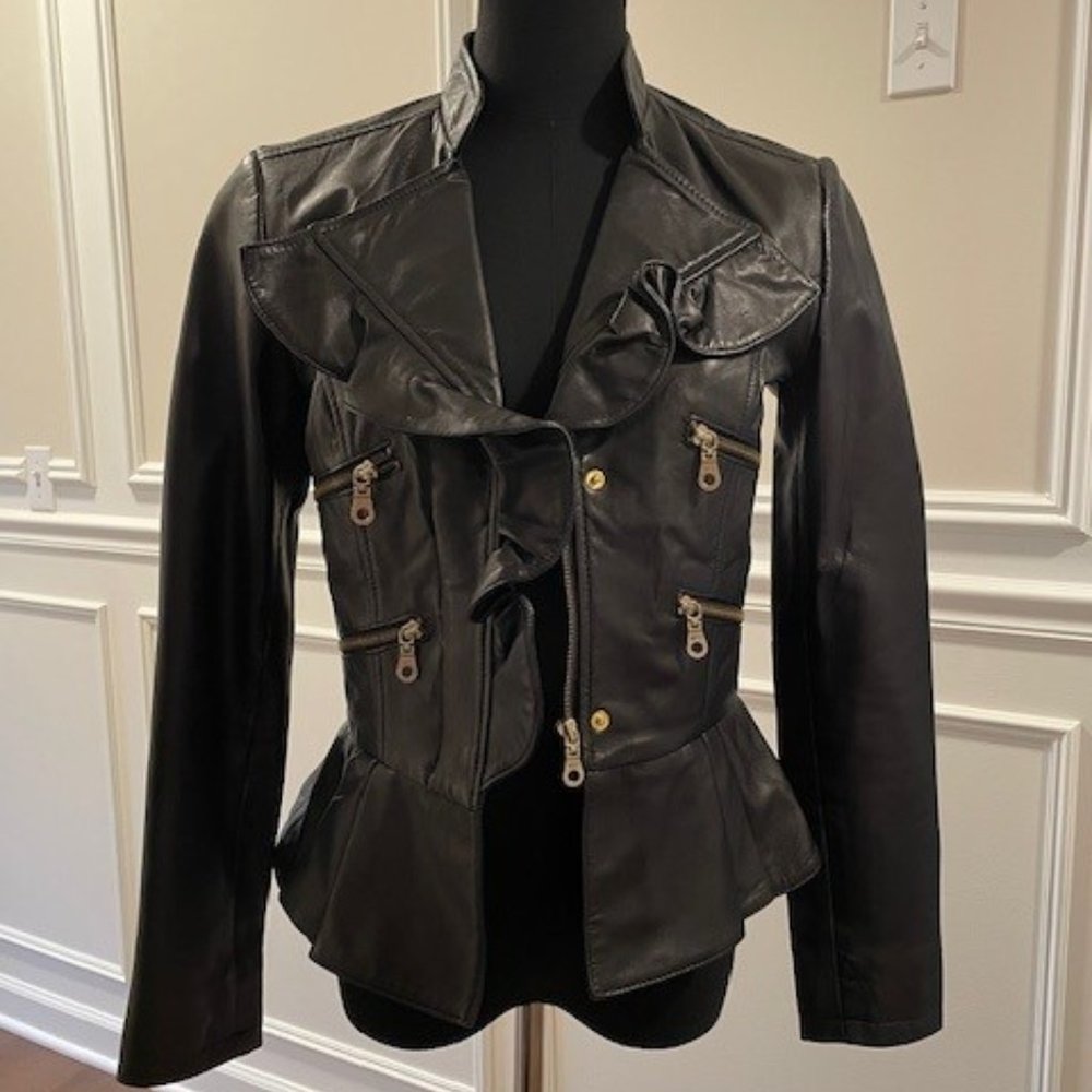 Black Leather Feminine XS Jacket.  Gold Zippers.